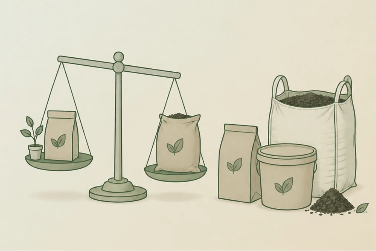A balance scale weighing vermicompost bags, next to retail, bucket and bulk-size packaging