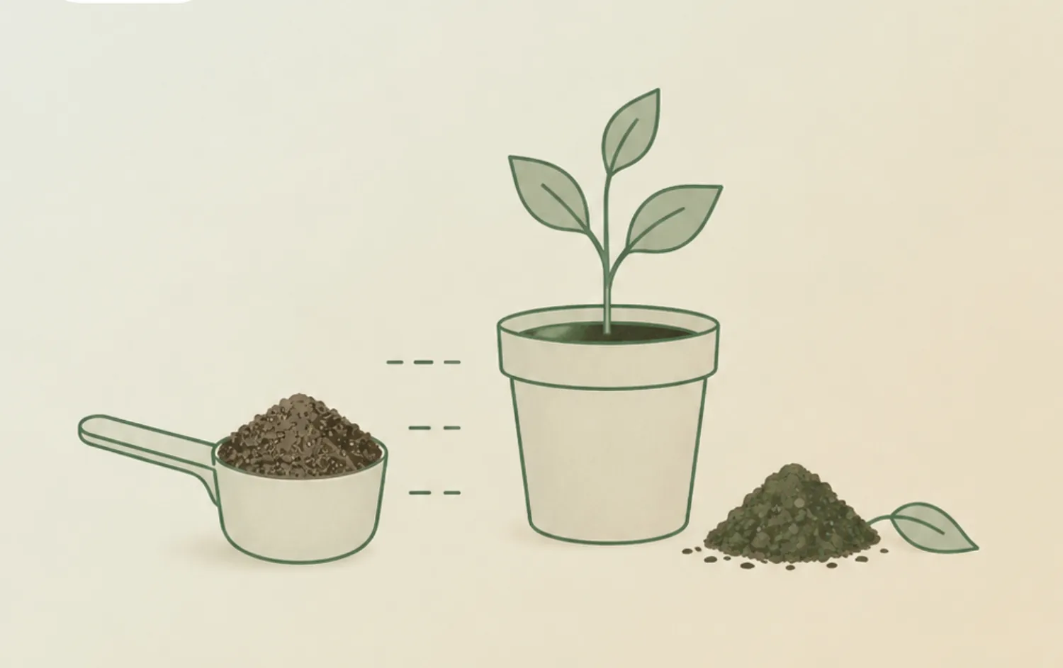 A measuring scoop of vermicompost beside a potted plant, illustrating dosage