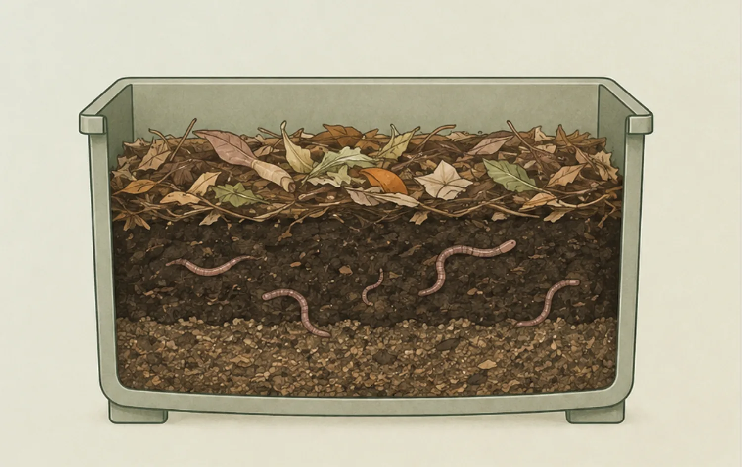 Cutaway illustration of a vermicomposting bin showing leaf litter, active soil with earthworms, and a base layer