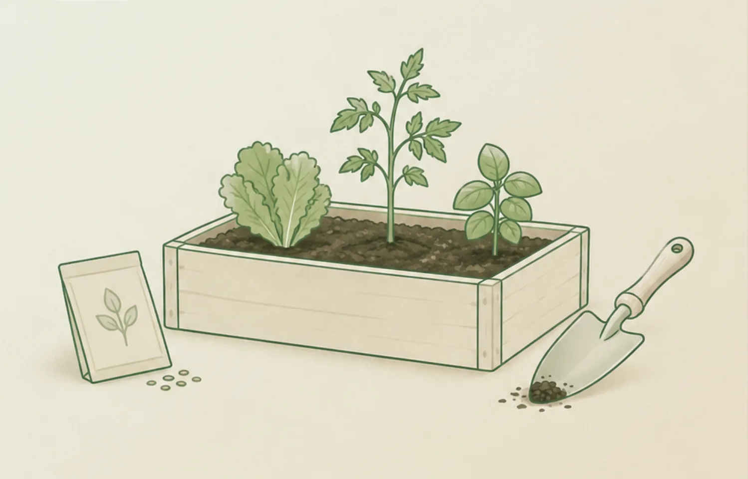 A raised planter box with young vegetable seedlings, a seed packet and a trowel