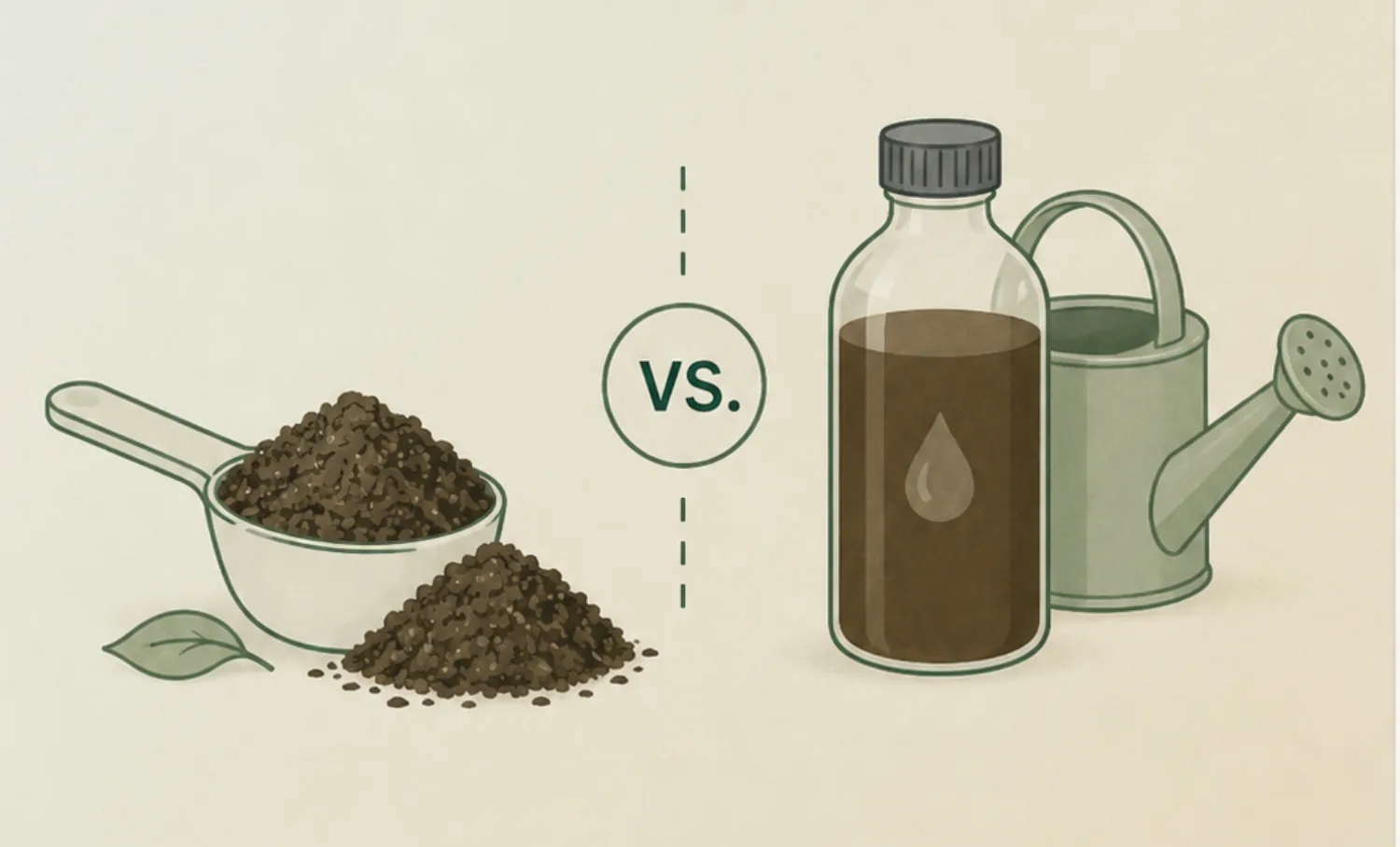 A bowl of vermicompost next to a bottle of vermiwash and a watering can